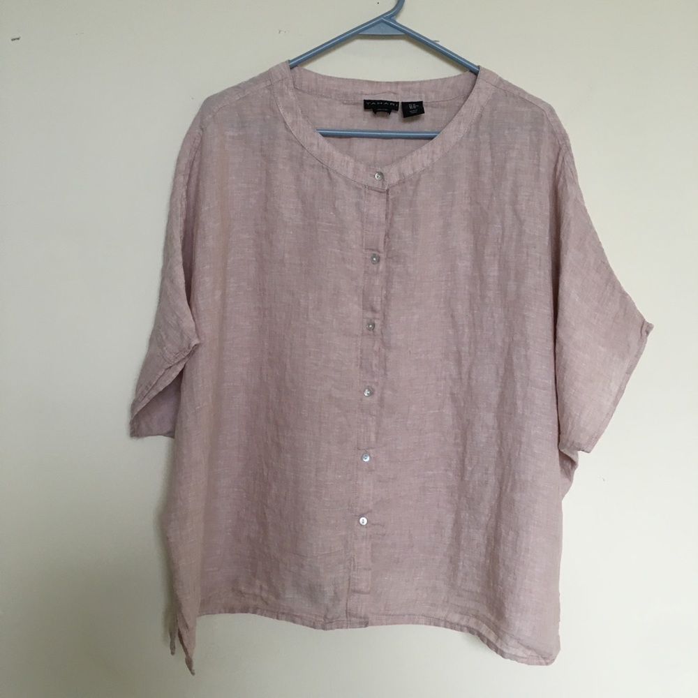Tahari linen button down short sleeve tan blouse